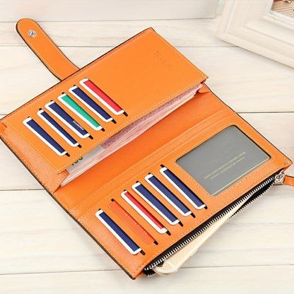 Women's Long Clutch Wallet, Retro Style Long Coin Purse, Foldable PU Leather Credit Card Holder With Zipper And Snap Closure