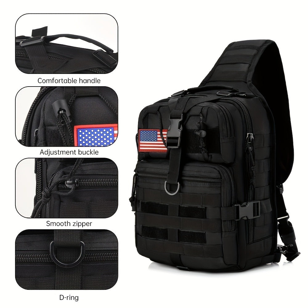 1pc 6.6gal Tactical Sling Backpack, Single Shoulder Crossbody Bag for Hiking Camping, Adjustable Strap Buckle & Smooth Zipper, Front D - ring Suspension, Outdoor EDC Pack with Flag Patch, Everyday Carry Gear for Men Women