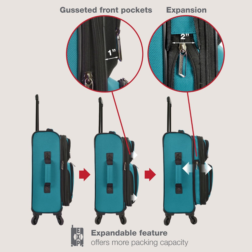 U.S. Traveler Rio II 2-Pcs Polyester Carry-on Suitcase w/ Tote | Soft Shell, Lightweight, Expandable & 360° Dual Spinner Wheels | Two-Tone, Colorblock, Matching Color, Black, Evergreen & Teal - Travel Luggage Set for Travel, Business Trips, and Weekend Ge