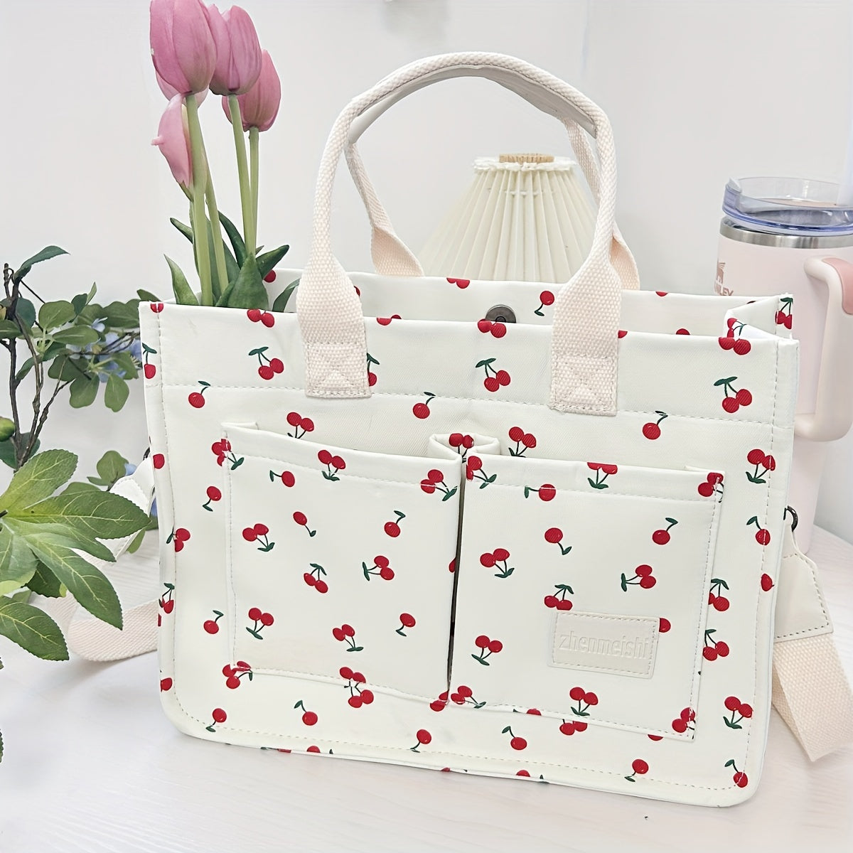 Tote Bag for Women Patched Purse Cute Shoulder Bag Multi-Pocket Satchel Handbag for Work Travel, Strawberry, Cherry, Daisy