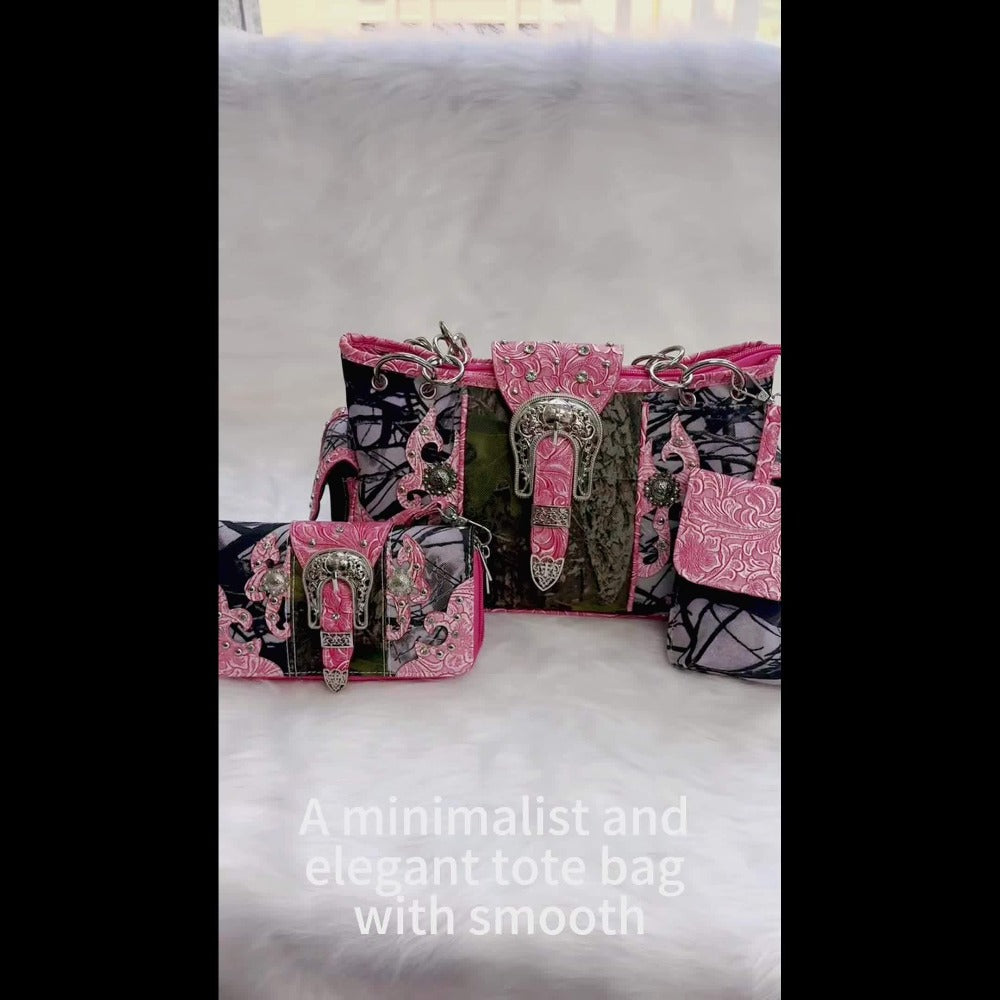 Western Style Camouflage Handbag, Concho Buckle Tooled Floral Country Studs Crossbody Women's Handbag, Backpack, Wallet Set, Ideal Christmas Gift