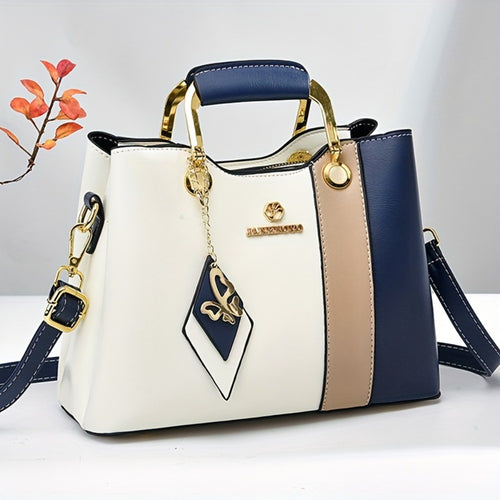 2024 New Women'contrasting Tote Bag, Adjustable Crossbody/ Shoulder Strap, Golden Hardware Accessories and Magnetic Buckle - High Quality Casual Handbag, Suitable for Commuting, Work, Travel - Navy/ Beige Contrast Design, Crossbody Bag