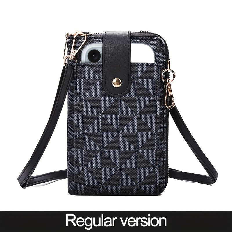 Compact Crossbody Phone Wallet for Women - Features an Adjustable Strap, Ideal for Outdoor Activities, with Various Credit Card Slots And a Zipper Closure. This Blue And Brown Geometric Patterned Mini Shoulder Bag Is Durable And Perfect for Daily Es