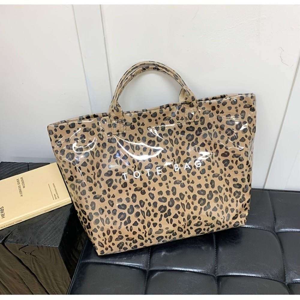 Women's Leopard Print Tote Bag, Double-layer Fabric, Classic Solid-color Handbag, PVC Fashion Bag, Stylish Large-capacity Tote Beach Bag, Portable Seaside Vacation Organizer, Travel Toiletry Bag, Pool Swimming Bag, Commuting Tote