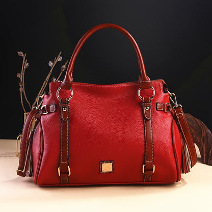 Vintage Retro Women's Crossbody Bag with Adjustable Shoulder Strap & Top Handle - Boston Purse in Red/Black, Golden-Tone Hardware, Zipper Closure, Tassel Detail & Polyester Lining for Casual Everyday Use, Crossbody Purse, Sophisticated Accessory