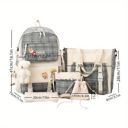 Cute Plaid Cartoon Canvas Five-Piece School Bag, Large Capacity Casual Simple Backpack, Women's Travel Bag Cosmetic Bag, for Girls And Women, Suitable Stationery Bag, Women's Wallet, Women's Crossbody Bag, Women's Hand Bag