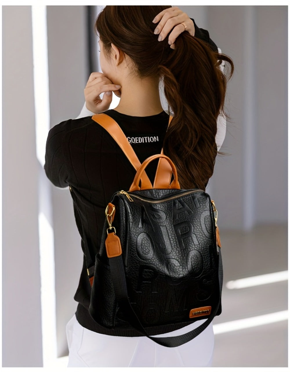 A Stylish And Modern Backpack for Women Featuring a Solid Color with Embossed Letters, a Classic Crocodile Pattern, And Golden Hardware Accents. It'S Lightweight with an Adjustable Shoulder Strap, Making It Ideal for Commuting, Leisure, Or Travel