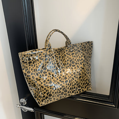 Women's Leopard Print Tote Bag, Double-layer Fabric, Classic Solid-color Handbag, PVC Fashion Bag, Stylish Large-capacity Tote Beach Bag, Portable Seaside Vacation Organizer, Travel Toiletry Bag, Pool Swimming Bag, Commuting Tote