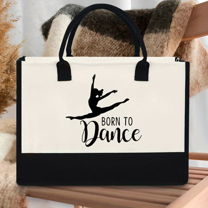 1pc of a Large Capacity Tote Bag Titled 'Born to Dance', Which Is Lightweight And Foldable, Featuring a Black Border And a Dancer Silhouette. It Makes an Ideal Gift for Dancers, Teachers, And for Everyday Use As a Dance Bag