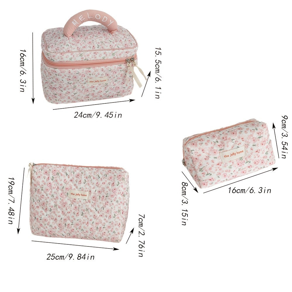 Women'S Corduroy Makeup And Toiletry Organizer Bag - Large Capacity Lightweight Travel Cosmetic Case with Zipper Closure, Durable Fabric for Daily Use And Trips, Pastel Pink And Floral Design