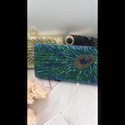 [Evening Clutch Purse] Vintage Beaded Sequins Rhinestone Evening Clutch Purse Luxury Peacock Feather Women Dinner Party Evening Bag Handbag for Wedding Formal