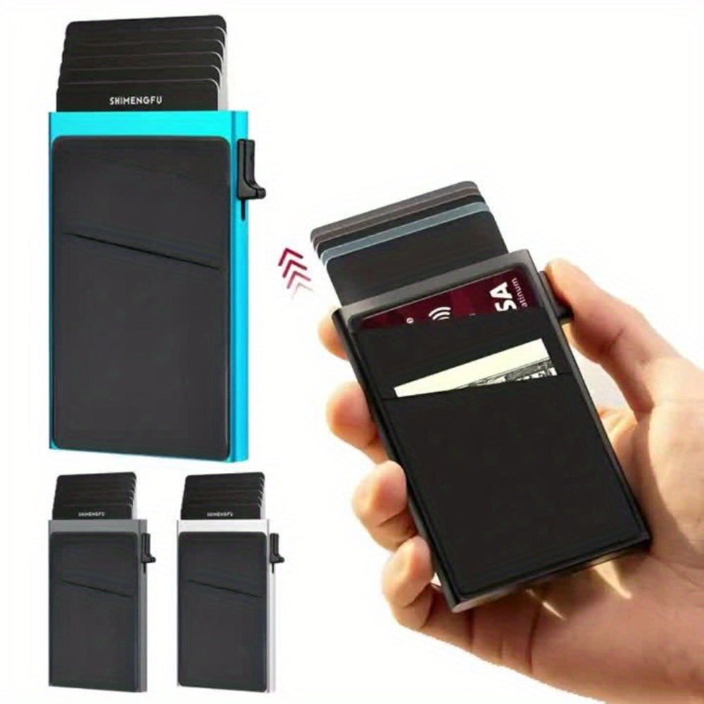 Slim Wallet for Men - Pop Up Card Holder RFID Blocking Minimalist Business Credit Card Wallet with Money Pocket Metal Card Case for Notes And Coins And Debit Cards