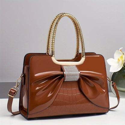 2025 Summer And Autumn Light Luxury New European And American Fashion Bow Lacquered Faux Leather Versatile Single Shoulder Cross Shoulder Handbag, Middle Aged Mother'S Bag