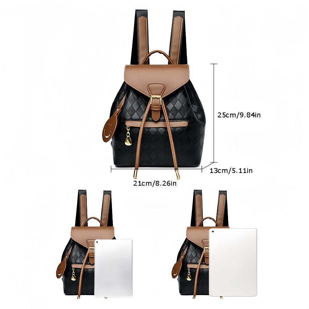 Women's Professional & Everyday Backpack - Coffee Brown & Black -like Bag with Adjustable Strap, Golden Buckle, Zipper Closure - Lightweight Purse for Work, Travel, College, Casual Outings - Gift Idea with Face Charm Charm, Playful Design, Durable Constru