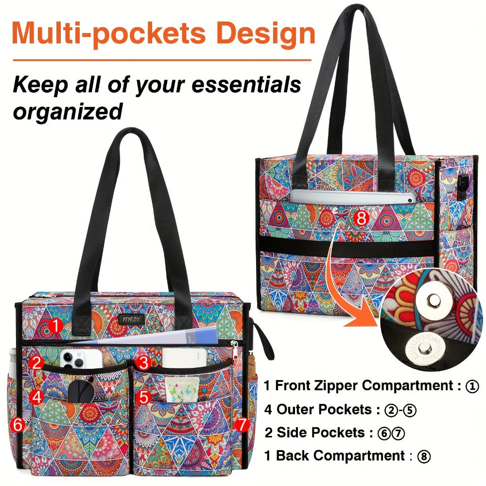 ITIEZY Fashionable Commuter Style Multi-Pocket Tote Bag With Multiple Separated Compartments And Shoulder Pad, Large Size Upgrade For Outdoor Use, Teacher Bag Nurse Bag, Large Capacity Multi-Compartment, Bohemian Style
