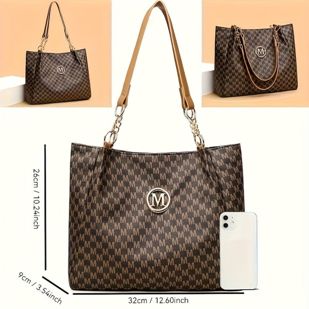 Stylish Handbag for Women Featuring a Golden Chain Shoulder Strap And an 'M' Emblem - Made of Synthetic, Available in Light Brown, White, And Black, with a Houndstooth Design, Zipper Closure, And Lining
