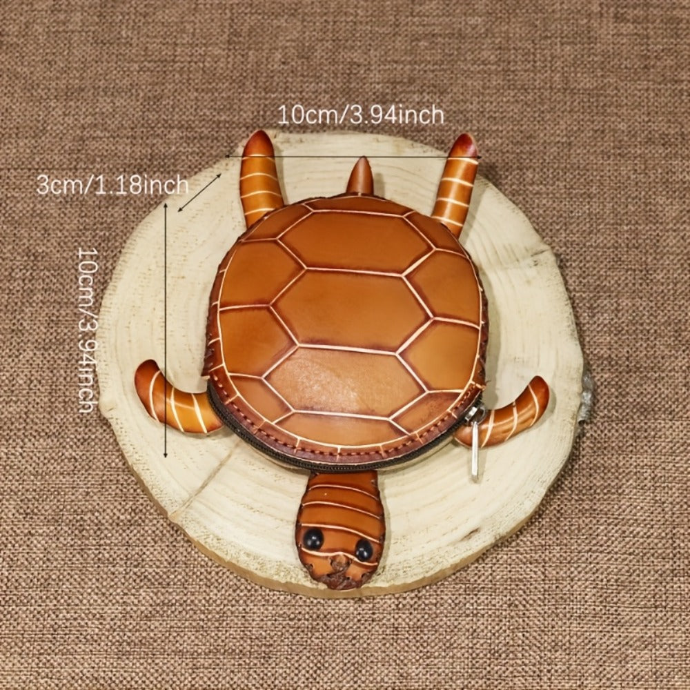 Handcrafted Retro Turtle Coin Purse - Full-Grain Cowhide Genuine Leather, Removable Genuine Leather Wristlet, Zipper Closure, Multi-Compartment for Coins/Cards/Keys, Thoughtful Gift for Women Students Friends Family