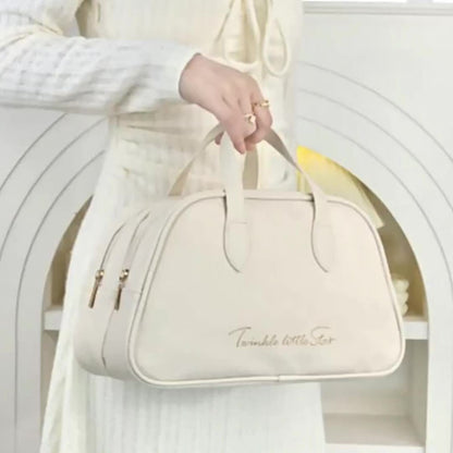 1pc Large Capacity Travel Wash Bag - Elegant PU Double-Layer Cosmetic & Toiletry with Spacious Main Compartment & Upper Shelf for &, Portable Storage Bag for Suits, Gym, Vacation, Daily Use - PU