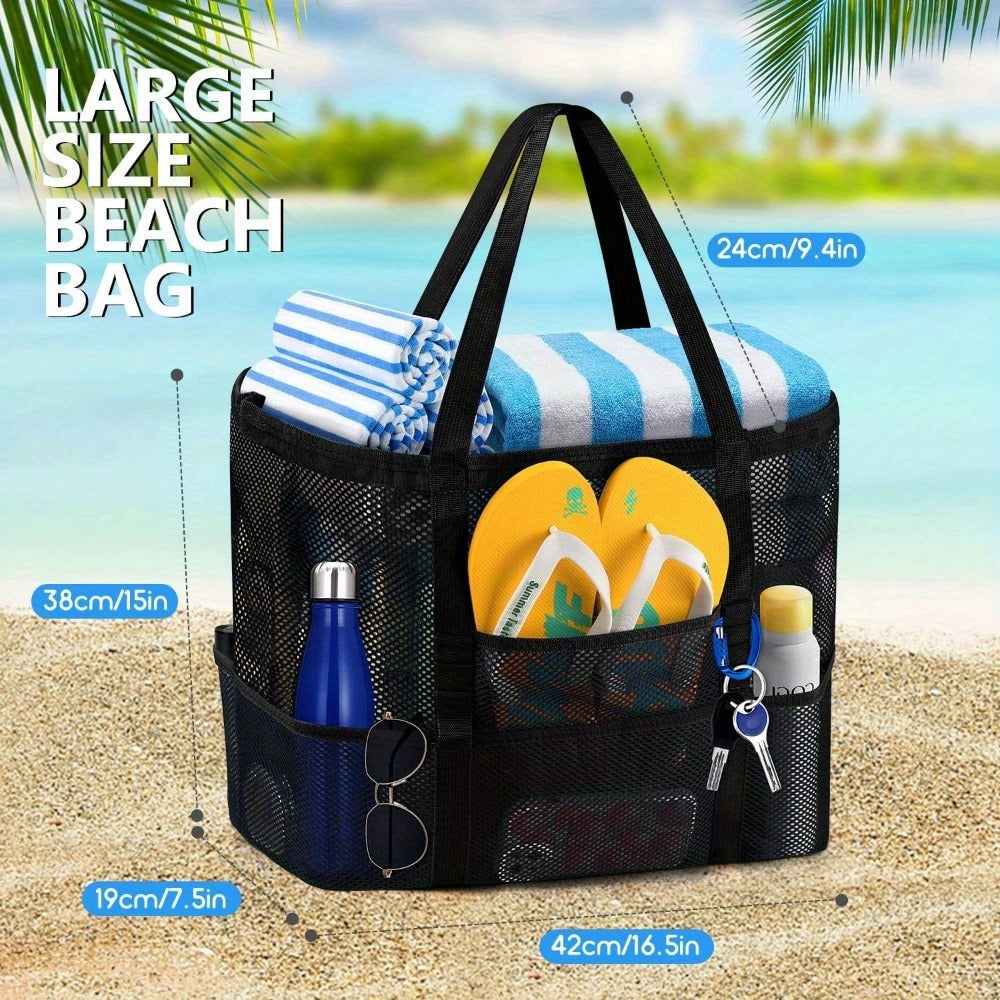 One Extra-Large Mesh Beach Tote Bag That Is Foldable And Easy to Carry, Perfect for Pool Outings, Boat Trips,, And Vacation Necessities. This Lightweight Swim Bag Features a Zipper And Additional Pockets for Organizing Your Essentials