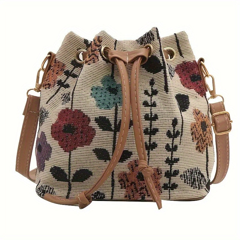 Elegant Floral Pattern Bucket Bag for Ladies: A handbag with ethnic style, featuring a zipper closure. It is suitable for both traveling and working, and can be used as a crossbody bag for outdoor leisure and commuting.