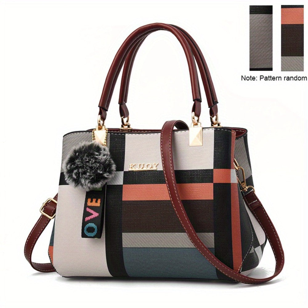 Fashion Plaid Pattern Tote Bag, Colorblock Satchel Purse, Stylish Crossbody Bag With Plush Ball Pendant