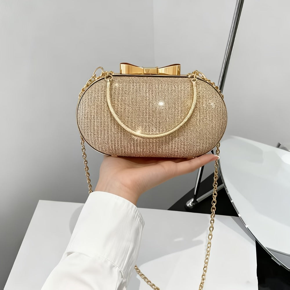 [Party Banquet Festival] Oval Glittery Evening Clutch Bag - Sparkly Bow Detail Metal Handle Chain Shoulder Purse for Party Banquet Music Festival (Multiple Colors)