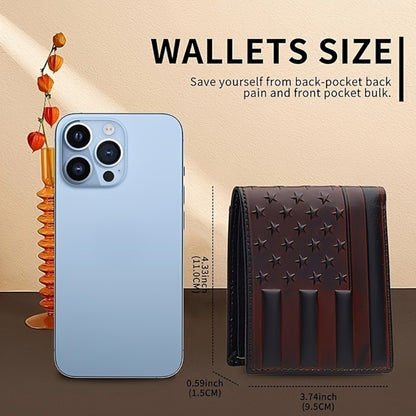 1pc Brown Genuine Leather Wallet Featuring an Embossed Flag Pattern, Designed in a Vintage Western Cowboy Style with Exquisite USA Flag Stars. It Has a Bifold Design with ID Windows And Card Slots, Making It a Short Bifold Wallet