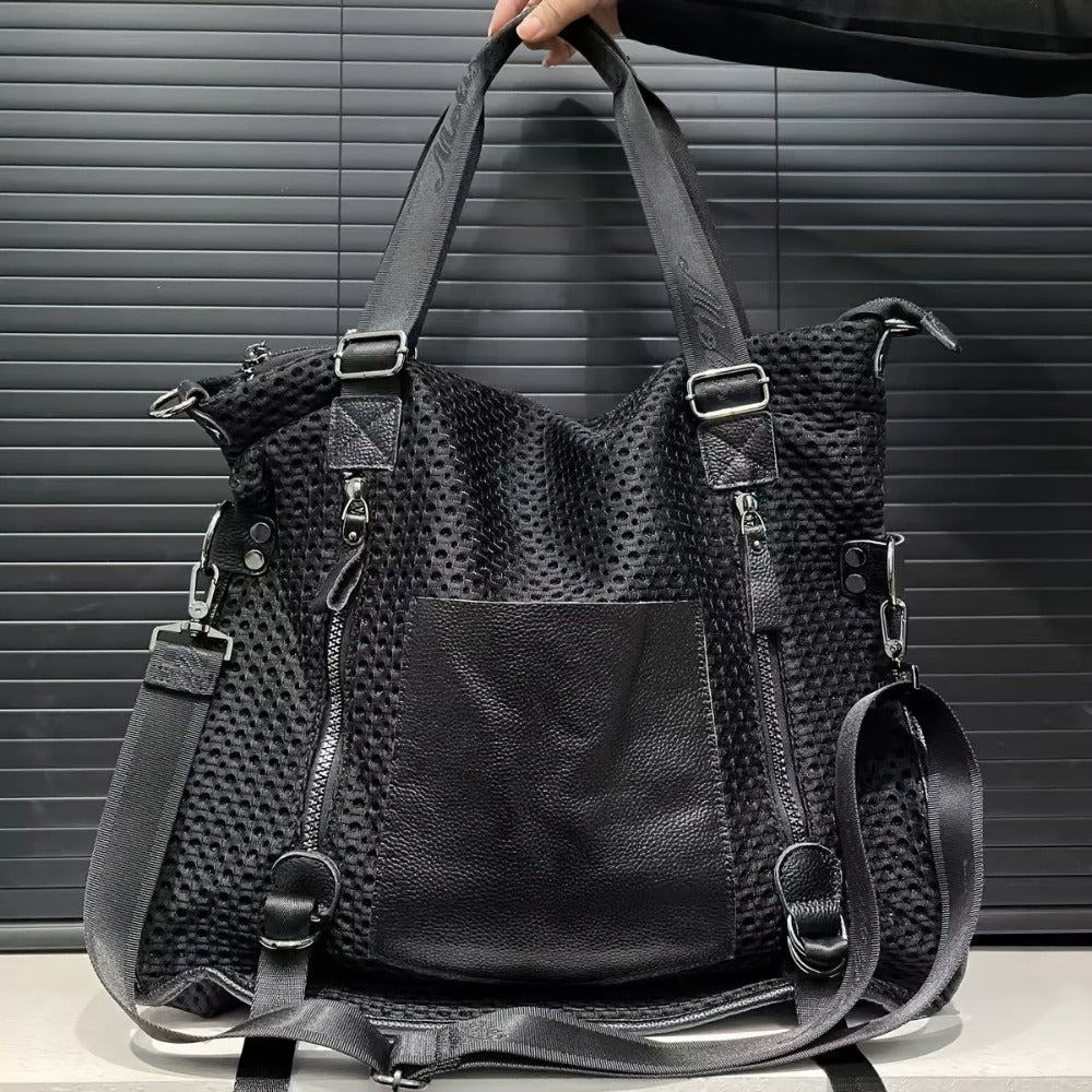 Women's Large Capacity Vintage Tote Bag - Genuine Top-Grain Leather, Secure Zipper Closure & Mesh-like patch, Convertible Crossbody/Handbag with Strap, Structured Bottom for Everyday, Office, Travel - Luxury Purse, Crossbody Purse