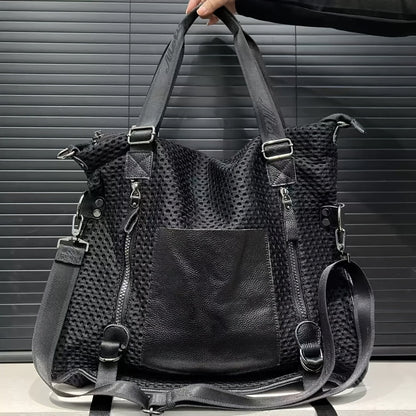 Women's Large Capacity Vintage Tote Bag - Genuine Top-Grain Leather, Secure Zipper Closure & Mesh-like patch, Convertible Crossbody/Handbag with Strap, Structured Bottom for Everyday, Office, Travel - Luxury Purse, Crossbody Purse