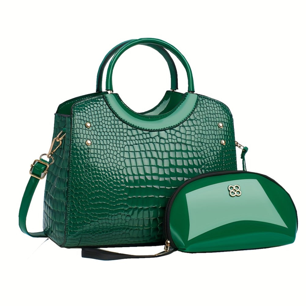 Large Volume Shiny Mother-Tote Bag Stylish with Crocodile Print