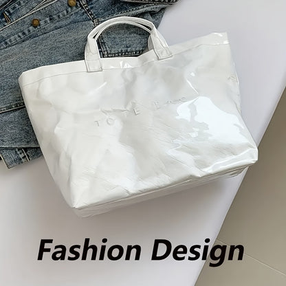 Women'S High Quality PVC And Wrinkle Paper Transparent Handbag - Large 13.2-Inch Transparent Shoulder Bag with 2 Compartments, White Letter Printed Design, Suitable for Work, Travel, Beach, And Daily Use, High Quality Bag