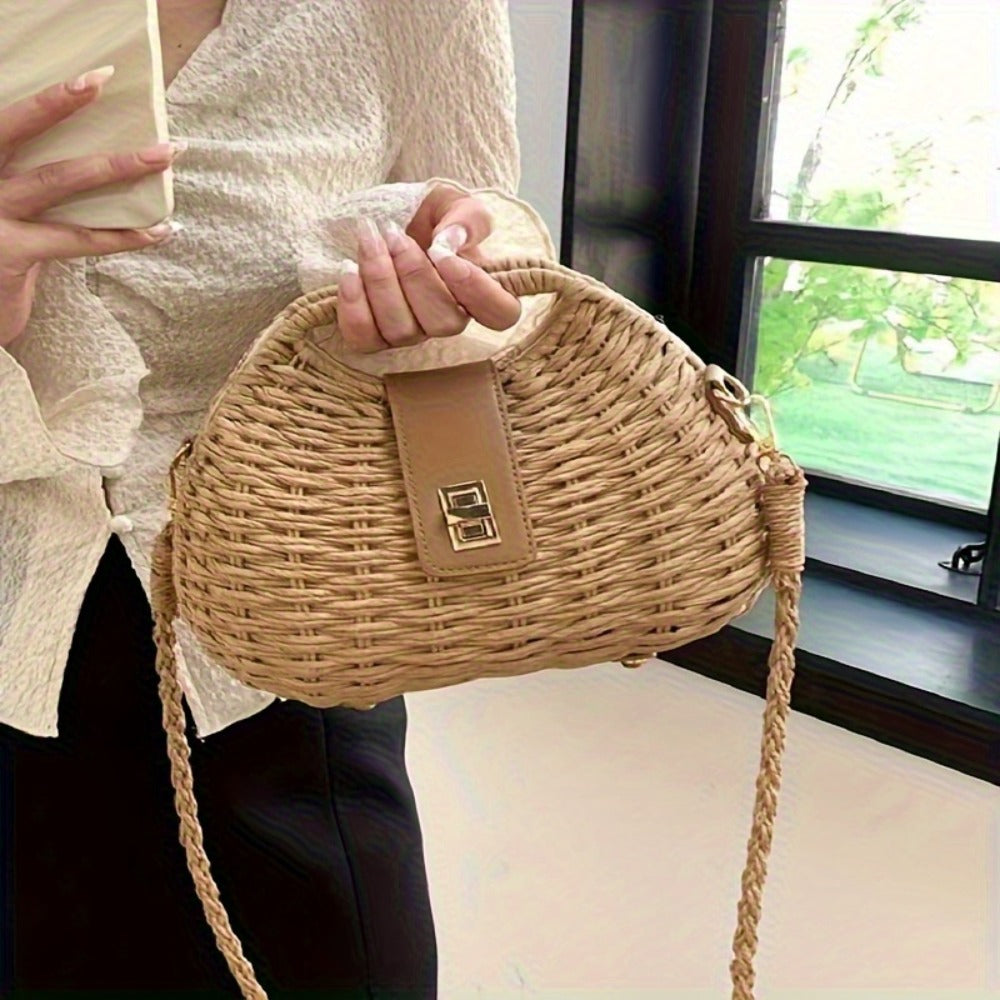 Beige Woven Straw Crossbody Bag with Lid Closure & Golden-Tone Hardware - Lightweight Elegant Design, Polyester Lining, Hand Wash/Dry Clean - Versatile for Daily Use & Travel, Secure Travel Purse, Durable Fabric Construction