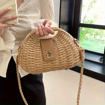 Beige Woven Straw Crossbody Bag with Lid Closure & Golden-Tone Hardware - Lightweight Elegant Design, Polyester Lining, Hand Wash/Dry Clean - Versatile for Daily Use & Travel, Secure Travel Purse, Durable Fabric Construction