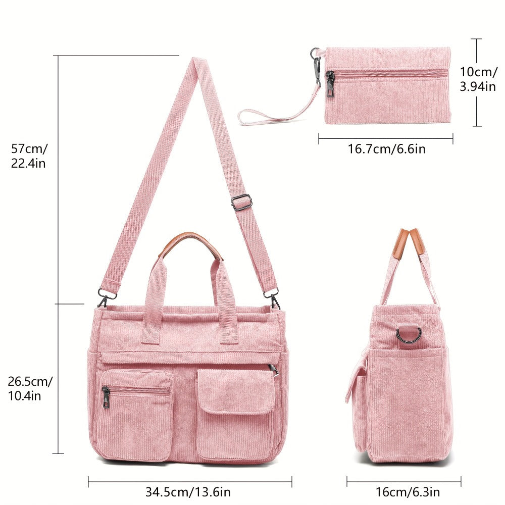 2pcs Set Women's Crossbody Bag: Stylish Corduroy Laptop Tote & Multi-Functional Shoulder Messenger Purse - Large Capacity Work Travel Gym Hobo Handbag