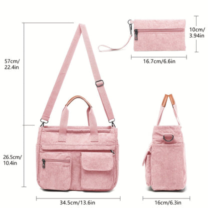 2pcs Set Women's Crossbody Bag: Stylish Corduroy Laptop Tote & Multi-Functional Shoulder Messenger Purse - Large Capacity Work Travel Gym Hobo Handbag