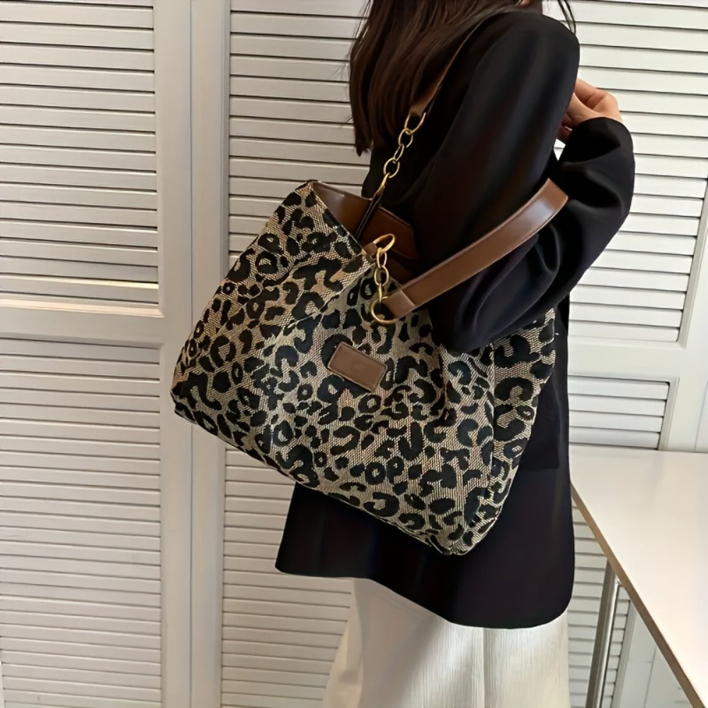 Ladies' Large Leopard Print Handbag - Fashionable Single Shoulder Handbag with Zipper Closure, Secure Golden Hardware, And Polyester Lining - Perfect for Daily Commuting Or Leisure Outings