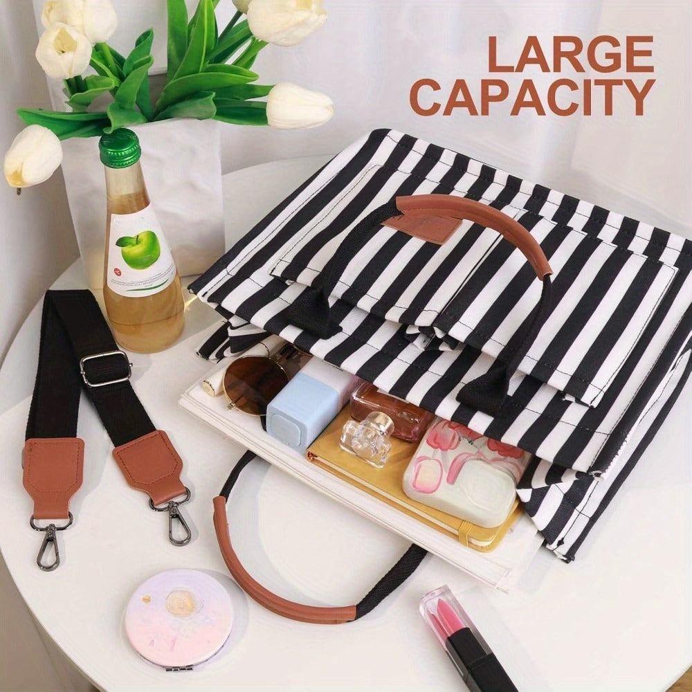 Large Capacity Multi-Pocket Tote Bag with Adjustable Crossbody/Handheld Strap, Wrist Strap & Button Closure - // Handbag for Work, Travel, Shopping - Casual Durable Handheld Bag