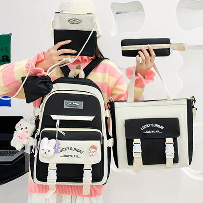 5pcs Solid Color Backpack, Women's Travel Bag, Large Capacity Backpack, Simple Tote Bag, Pencil Case, Casual Crossbody Bag, Lightweight Student Shoulder Bag