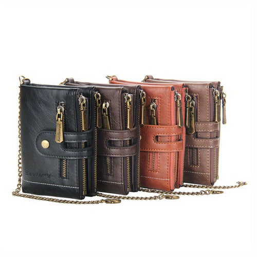 Vintage Men With Chain PU Leather Bifold Wallet For Double Zipper Anti-Theft Coin Pocket Card Holder Cash Billfold Front Pocket