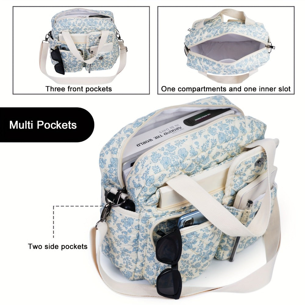 2pcs/Set Small Cute Floral Quilted Tote Bag with Multi-Pockets for Women, Crossbody Shoulder Everyday Handbags