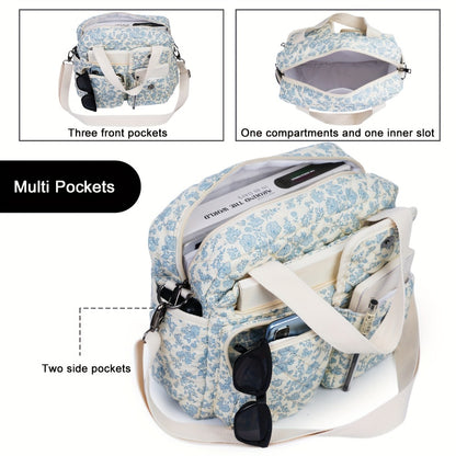 2pcs/Set Small Cute Floral Quilted Tote Bag with Multi-Pockets for Women, Crossbody Shoulder Everyday Handbags