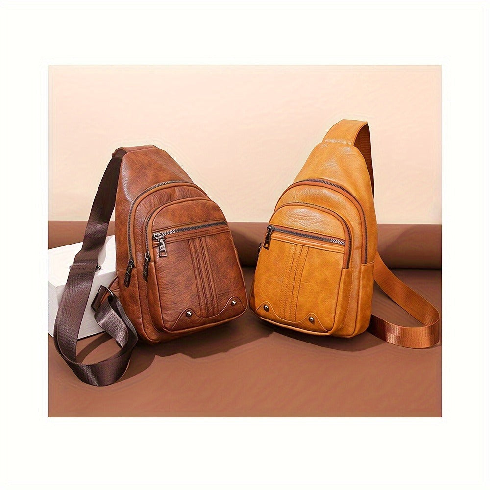 Men'S Chest Bag Sling Backpack Faux Leather Retro Crossbody Bag Shoulder Bag Unisex Soft Faux Leather