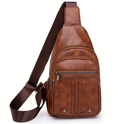 Men'S Chest Bag Sling Backpack Faux Leather Retro Crossbody Bag Shoulder Bag Unisex Soft Faux Leather