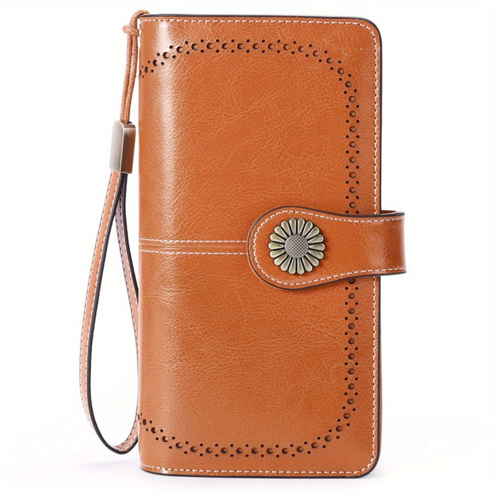 Wallets for Women RFID Blocking, Long Genuine Leather Wallet with 24 Card Slots & Phone Pocket, Large Capacity Zipper Wristlet, Gift Box for Daily Use, Sunflower Print