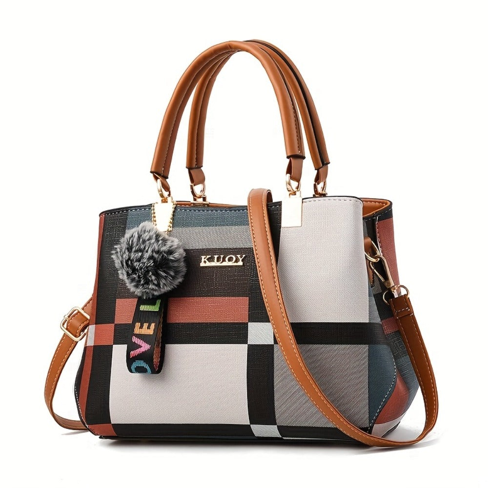 Fashion Plaid Pattern Tote Bag, Colorblock Satchel Purse, Stylish Crossbody Bag With Plush Ball Pendant