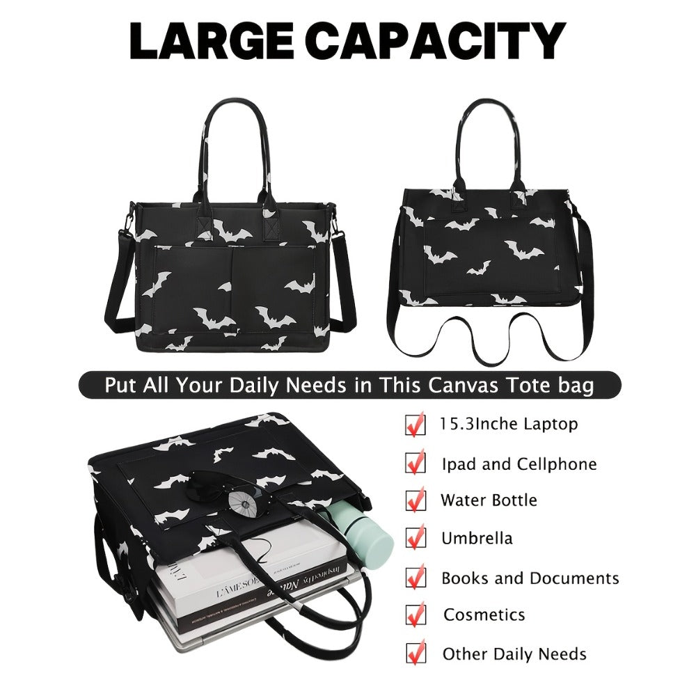 Discount - Ladies' Large-capacity Handbag, Featuring Three-color Top Handles (pumpkin Skull, Peach And Daisy Patterns), Polyester Lining, with Detachable Shoulder Straps - Durable, Casual Sporty Design, Holiday Gift.