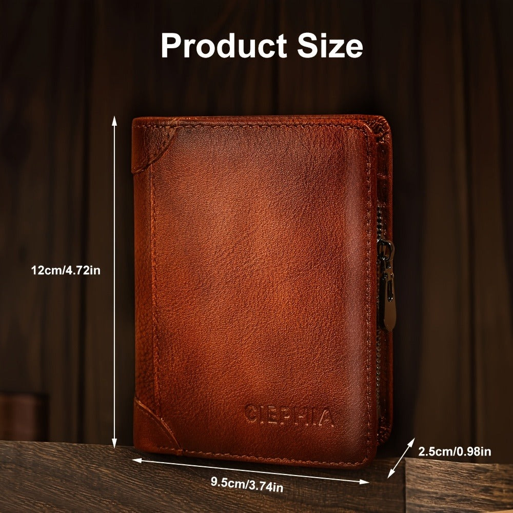 RFID Blocking Bifold Genuine Leather Wallets for Men with Zipper Coin Pouch, Top Layer Cowhide Vintage Multi Function Card Holder Wallet with 2 ID Windows