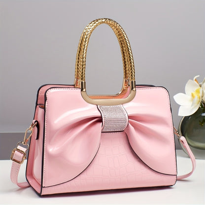 2025 Summer And Autumn Light Luxury New European And American Fashion Bow Lacquered Faux Leather Versatile Single Shoulder Cross Shoulder Handbag, Middle Aged Mother'S Bag