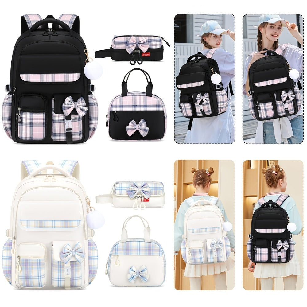 3pcs Bow-Tie School Backpack Tote Storage Bag Set | Large-Capacity Multi-Functional Storage Backpack with 15. 6-inch Laptop and Tablet Compartments, Smooth Zippers, Lightweight, Ideal for Teens' Daily Commute and Back-to-School, for Teenager