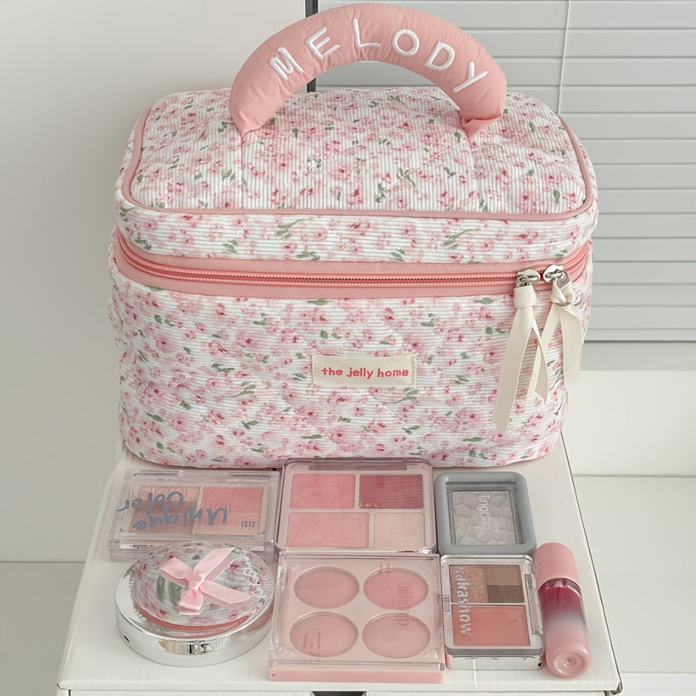 Women'S Corduroy Makeup And Toiletry Organizer Bag - Large Capacity Lightweight Travel Cosmetic Case with Zipper Closure, Durable Fabric for Daily Use And Trips, Pastel Pink And Floral Design